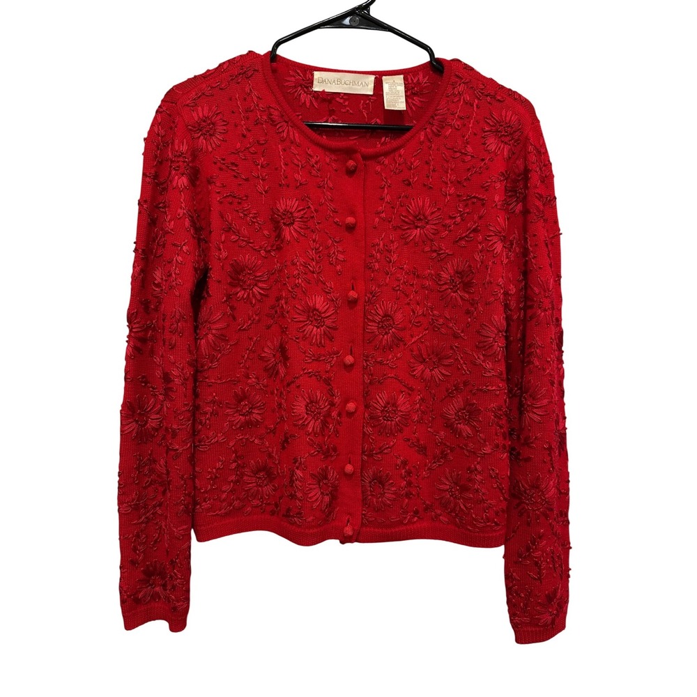 Dana Buchman Small 100% Merino Wool Red Embroidered Floral Button Front Cardigan
